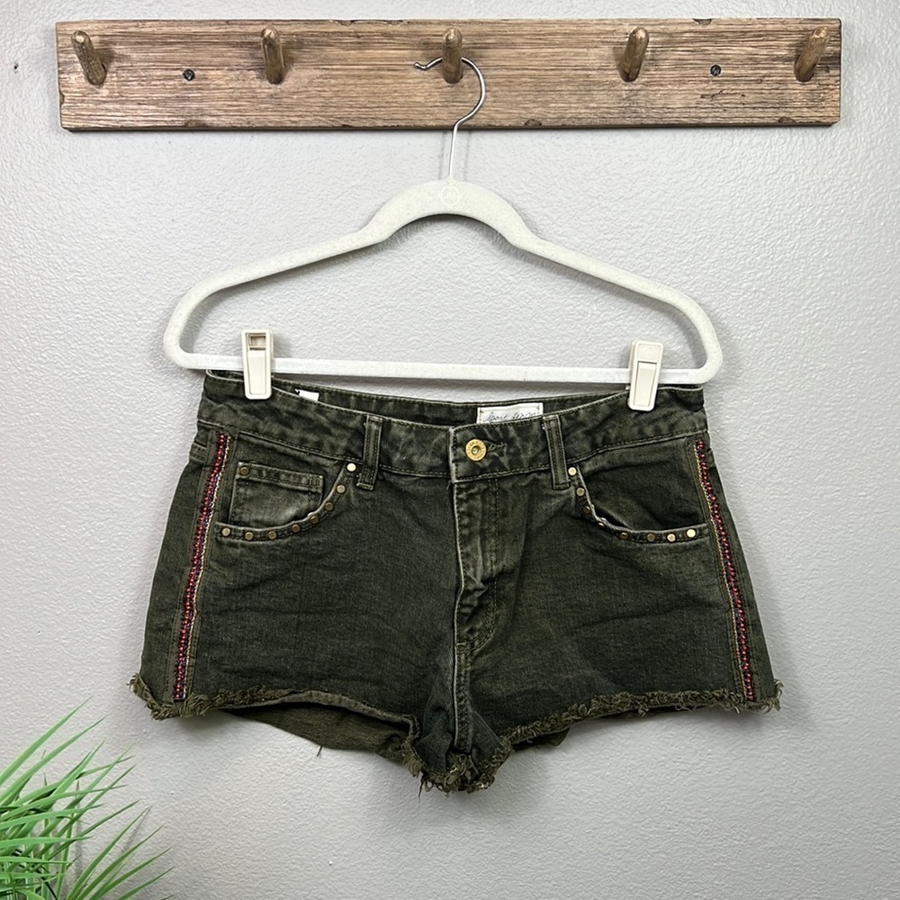 Pull & Bear Sport Denim Cutoff Shorts Studded Beaded Olive Green Jean Shorts